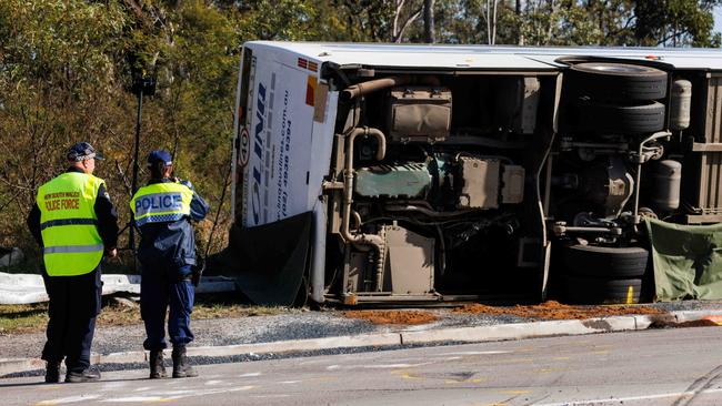 Ten people were killed and 25 injured when the bus rolled at a Greta roundabout in June last year. Picture: NCA NewsWire / David Swift