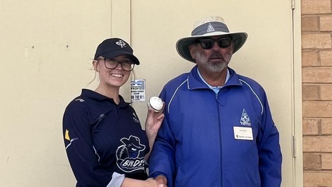 Parkfield's Jordan Hill is presented the match ball by the umpire after her haul of 7-11 that included a triple hat-trick. Picture: Supplied.