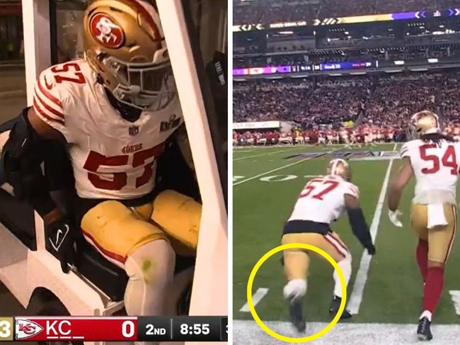 49ers stud linebacker Dre Greenlaw bizarrely injured himself as he was jogging back onto the field with the rest of the San Francisco defense ahead of a new series.