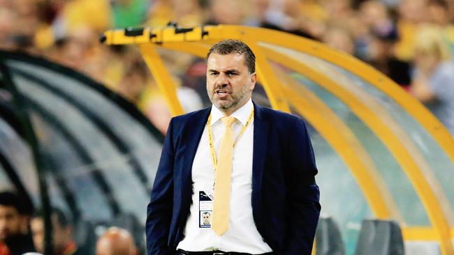 Ange Postecoglou watches on during the Socceroos’ clash with the United Arab Emirates. Picture: Mark Evans