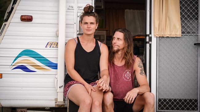 Jessica Robinson and Shaun Duncan from central coast NSW have been stuck in Victoria since July. Picture: Simon Dallinger