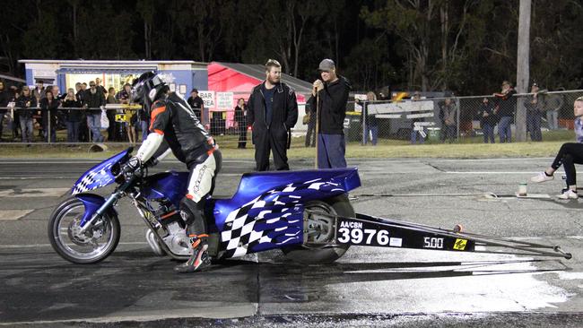 Mackay's Peter Johnson lines up to compete in the grudge match section of All Bikes. Peter set the fastest time of the event at 7.994 seconds over the quarter mile at Benaraby Dragway. Picture: Rodney Stevens