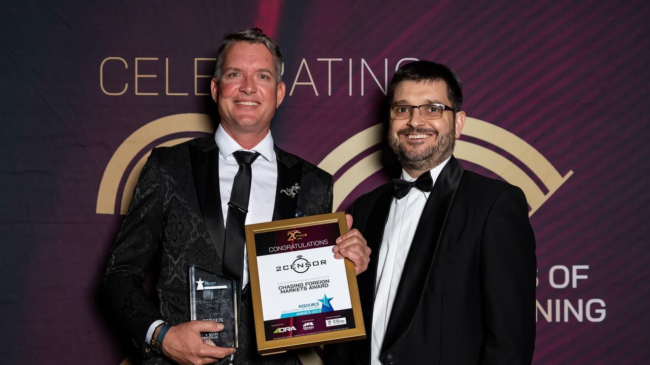 Chasing Foreign Markets winner Corey Vaughan from 2Censor and Matthew Andrew at the 2021 Resource Industry Network awards at the MECC: Picture: Tristan Mariano