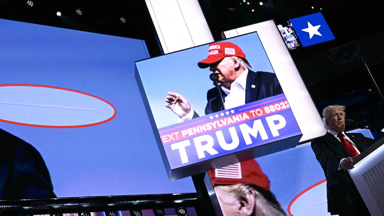 President Donald Trump survived an assassination attempt at a campaign rally in Pennsylvania and Hancock was seen leaping up on stage to retrieve Trump’s shoe. Picture: AFP.