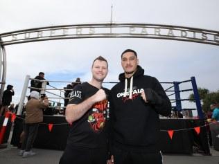 Gold Coast boxer Jai Opetaia and Jeff Horn at their media press call in Surfers Paradise before the world title fight on July 2. Picture Glenn Hampson