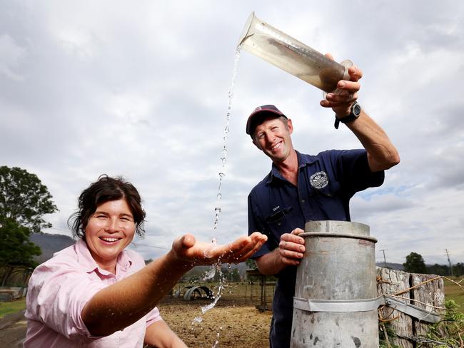 Kay and Dave Tommerup on Tommerup's Dairy Farm which finally has some rain. Picture: Steve Pohlner/AAP