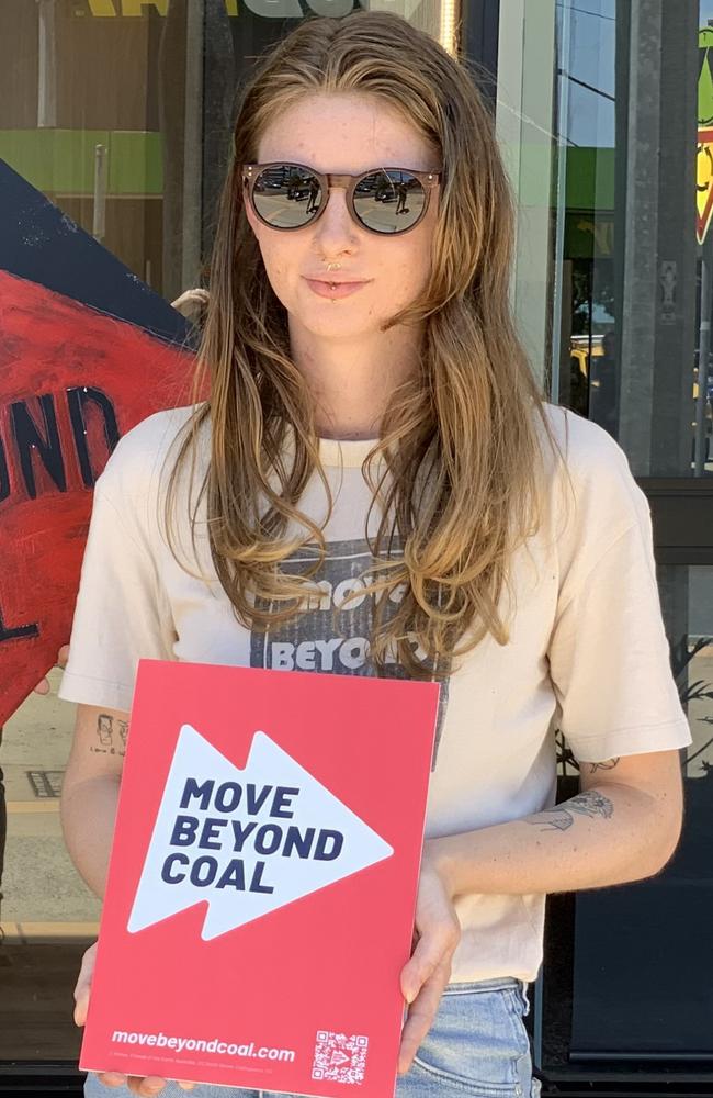 Environmentalist Imogen Lindenberg outside the NAB branch in Mackay on November 11, 2022. Picture: Duncan Evans