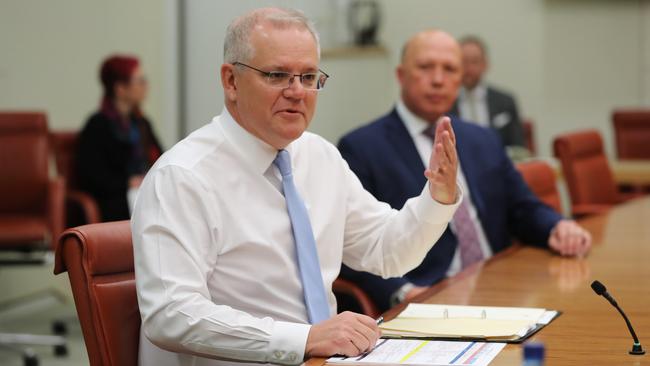 Scott Morrison holds a meeting with senior ministers at Parliament House in Canberra on Monday. Picture: Adam Taylor