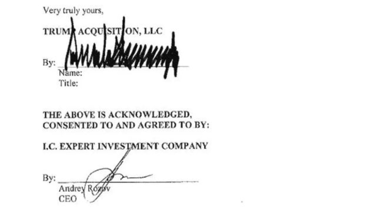 Mr Trump’s signature alongside that of IC Expert Investment owner Andrey Rozov.