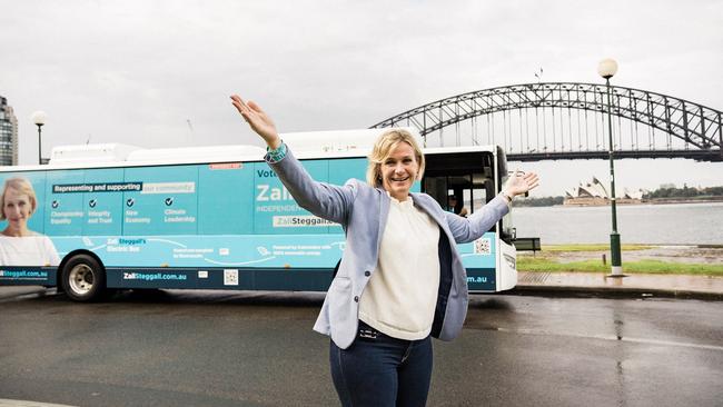 Warringah independent MP Zali Steggall, with her new electric campaign bus at the launch of her climate change policies at McMahons Point. Picture: Supplied