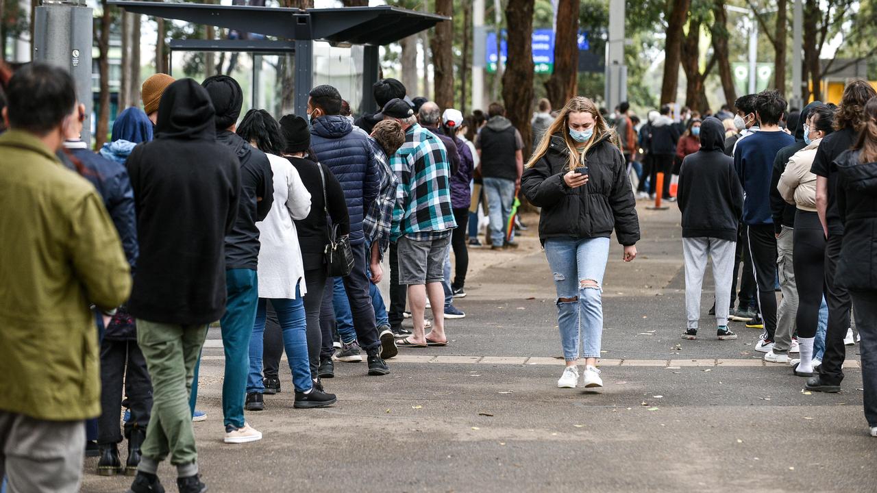 People wait to receive a covid jab at the NSW vaccination hub at Olympic Park. Picture: NCA NewsWire / Flavio Brancaleone