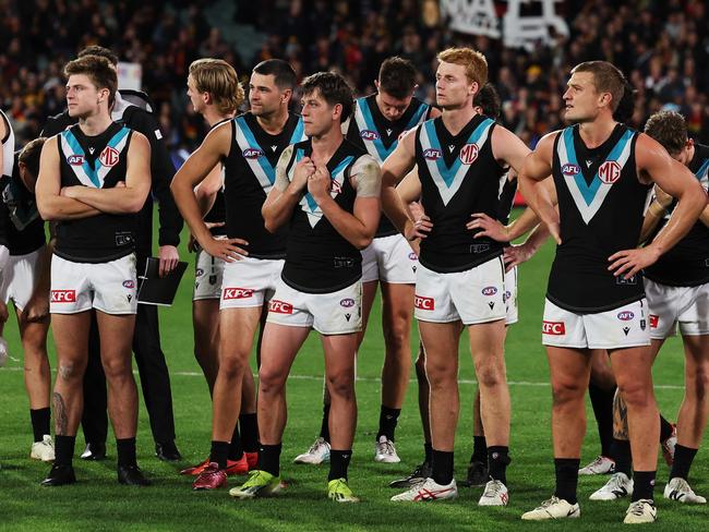 ADELAIDE, AUSTRALIA - MAY 02: The Power after their loss during the 2024 AFL Round 08 match between the Adelaide Crows and the Port Adelaide Power at Adelaide Oval on May 02, 2024 in Adelaide, Australia. (Photo by James Elsby/AFL Photos via Getty Images)