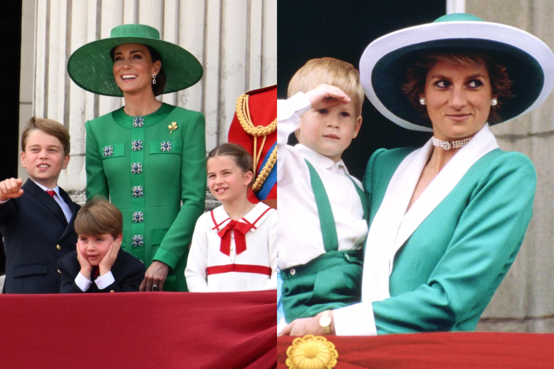 <h2>Princess Kate (2023) and Princess Diana (1988)</h2><p>There was more than a hint of Princess Diana in the outfit that the&nbsp; current Princess of Wales wore at the 2023 Trooping the Colour&mdash;a green Andrew Gn coat dress, paired with a wide-brimmed hat. Diana, who herself wore green at the Trooping the Colour in 1988, was also present in Kate's sapphire-and-diamond earrings, which once belonged to the late royal.</p>