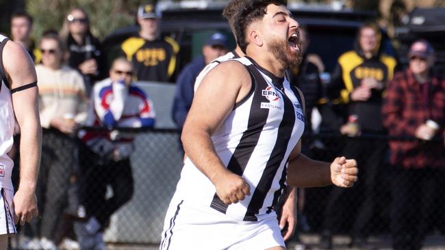 EFNL 2024: Scoresby's Adam Amin celebrates a goal. Picture: Scoresby FC