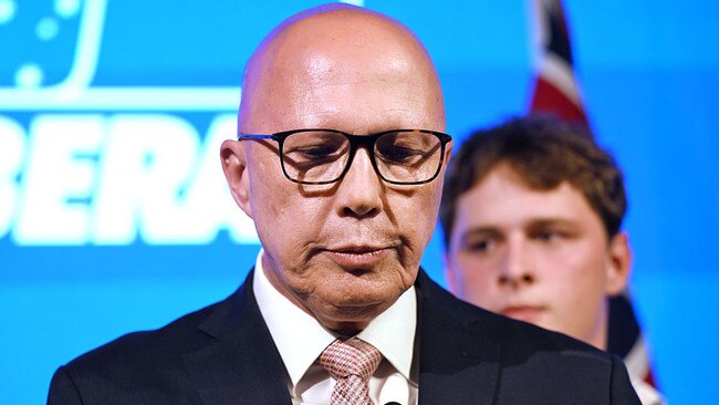 Liberal leader Peter Dutton concedes defeat. As usual in times of disappointment and dismay, there is plenty of blame to go around and no shortage of people to help it on its way. Picture: Dan Peled/Getty Images