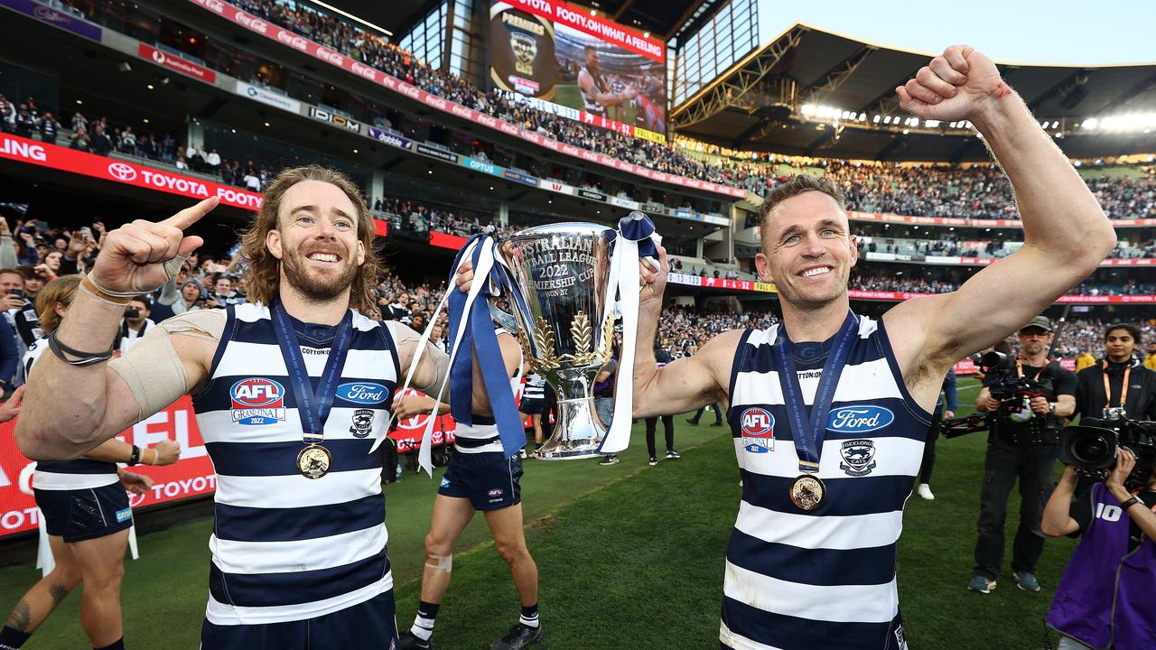 Joel Selwood and Cameron Guthrie of the Cats. Picture by Michael Klein