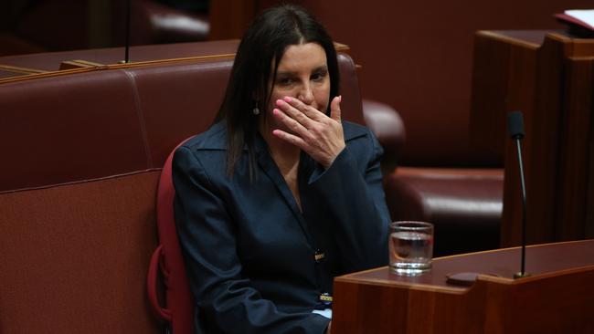 Independent Senator Jacqui Lambie after her tearful resignation speech. Picture: Gary Ramage