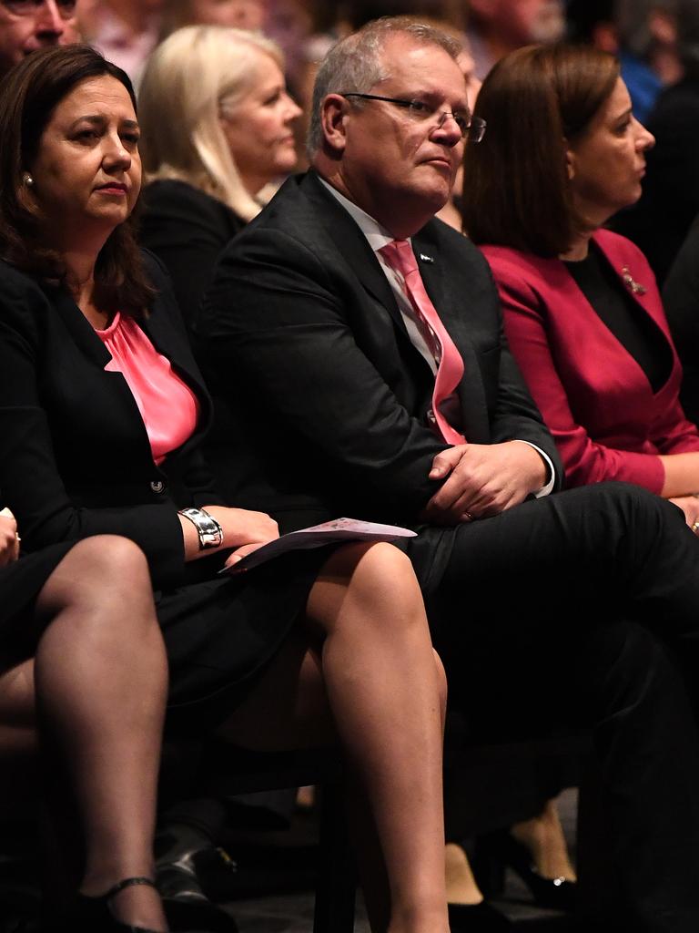 Premier Annastacia Palaszczuk, Prime Minister Scott Morrison and state Opposition Leader Deb Frecklington at the funeral for Hannah Clarke and her three children Aaliyah, Laianah and Trey in Brisbane. Picture: Dan Peled/AAP