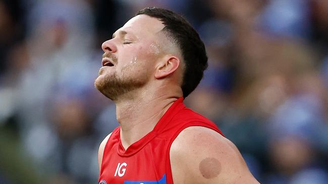 MELBOURNE, AUSTRALIA - JUNE 10: Steven May of the Demons looks on during the 2024 AFL Round 13 match between the Collingwood Magpies and the Melbourne Demons at The Melbourne Cricket Ground on June 10, 2024 in Melbourne, Australia. (Photo by Michael Willson/AFL Photos via Getty Images)