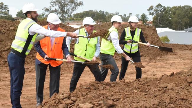 Woolworths State Development manager Chis Sheen, builder Paul Lanskey, former mayor Allan Sutherland, Member for Murrumba Steven Miles and Woolworths Group's Savanah Powell at the sod turn for the Dakabin Woolworths complex. Picture: David Alexander