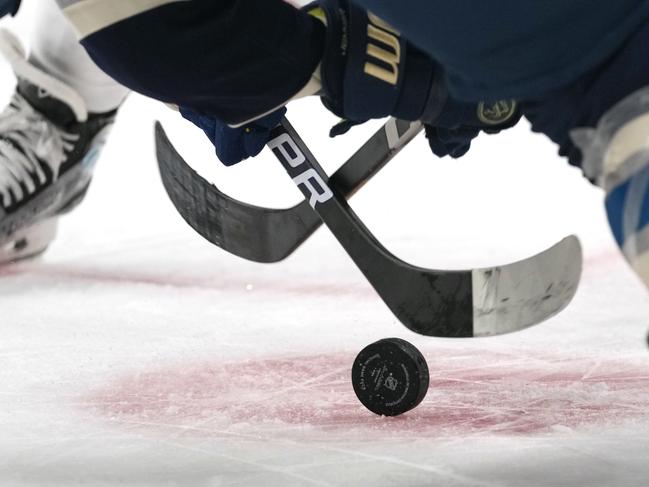 ICE HOCKEY GENERIC COLUMBUS, OHIO - FEBRUARY 25: Generic view of a puck bouncing off the ice during a face off in the game between the Columbus Blue Jackets and the New York Rangers  at Nationwide Arena on February 25, 2024 in Columbus, Ohio. (Photo by Jason Mowry/Getty Images)