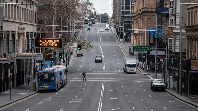 A quiet street in the Sydney CBD as the city enters its third week in lockdown. Picture: NCA NewsWire / James Gourley