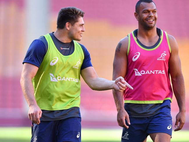 James O'Connor (left) and Kurtley Beale (right) are seen during Wallabies training at Suncorp Stadium in Brisbane, Tuesday, July 23, 2019. Australia are playing Argentina in their Rugby Championship match on Saturday night at Suncorp Stadium in Brisbane. (AAP Image/Darren England) NO ARCHIVING