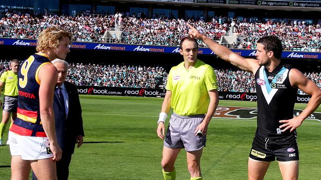 HISTORY. From rivals at the first Showdown at Adelaide Oval to Australian team-mates in the first International Rules Test at the Oval — Rory Sloane, left, and Travis Boak. Picture: Sarah Reed.