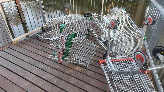 Trolleys thrown of David Trumpy Bridge onto the walkway below.