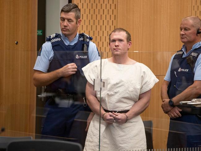 Accused Christchurch shooter Brenton Tarrant stands in the dock during his appearance at the Christchurch District Court. Picture: AFP