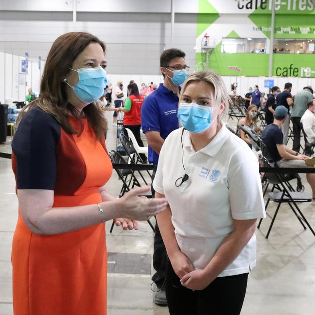 Premier Annastacia Palaszczuk, during a tour on Super Pfizer Weekend, Vaccination Hub, Brisbane Convention and Exhibition Centre, South Brisbane. Picture: Liam Kidston