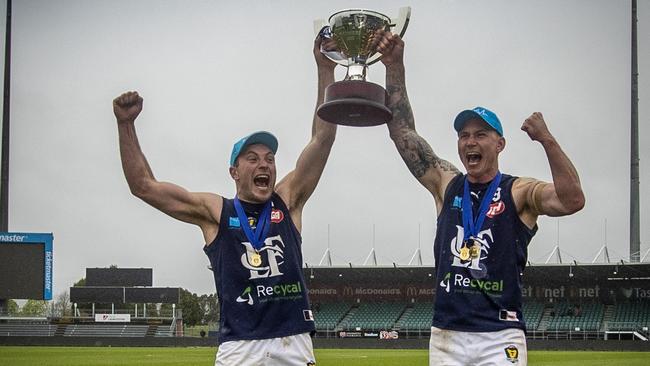 TSL: TSL Grand Final 2020, North Launceston vs. Launceston, UTAS Stadium: Launceston captain Jobi Harper and playing coach Mitch Thorp celebrate winning the 2020 TSL grand final. Picture: LUKE BOWDEN