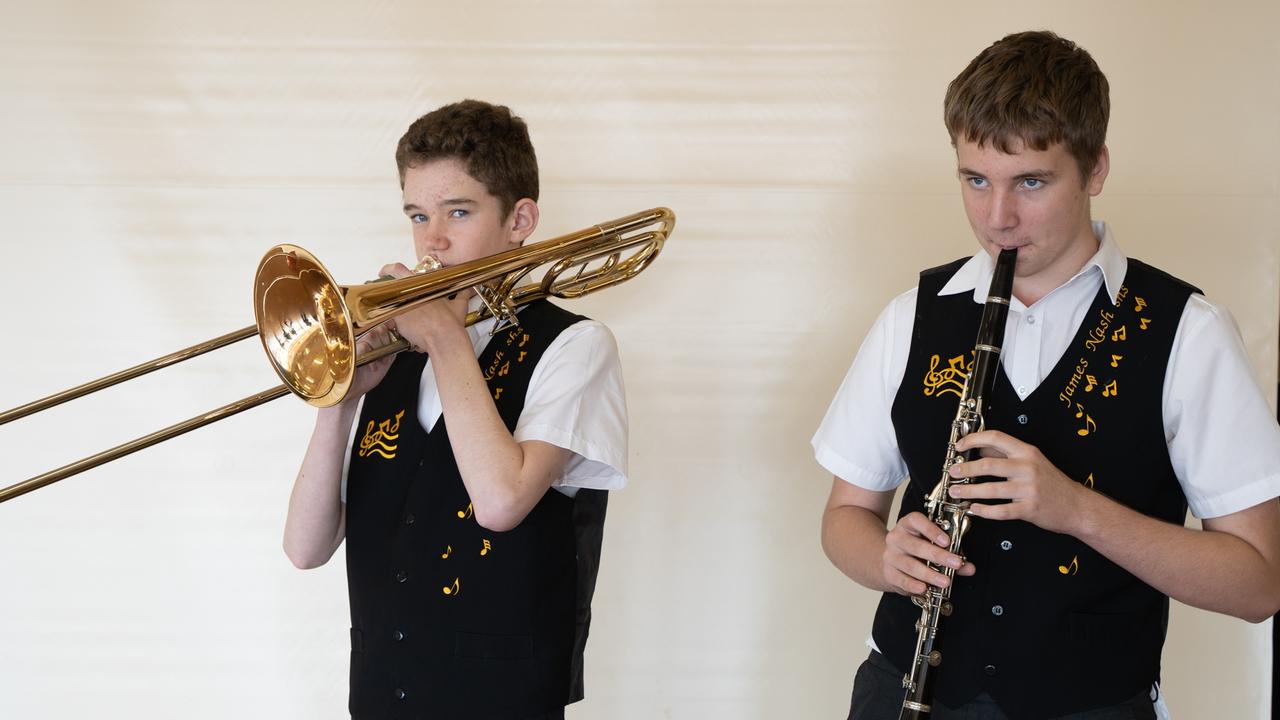 Baden Morrow And Ethan Morrison from the James Nash State High School Concert Band at the Gympie Eisteddfod. July 31, 2023. Picture: Christine Schindler