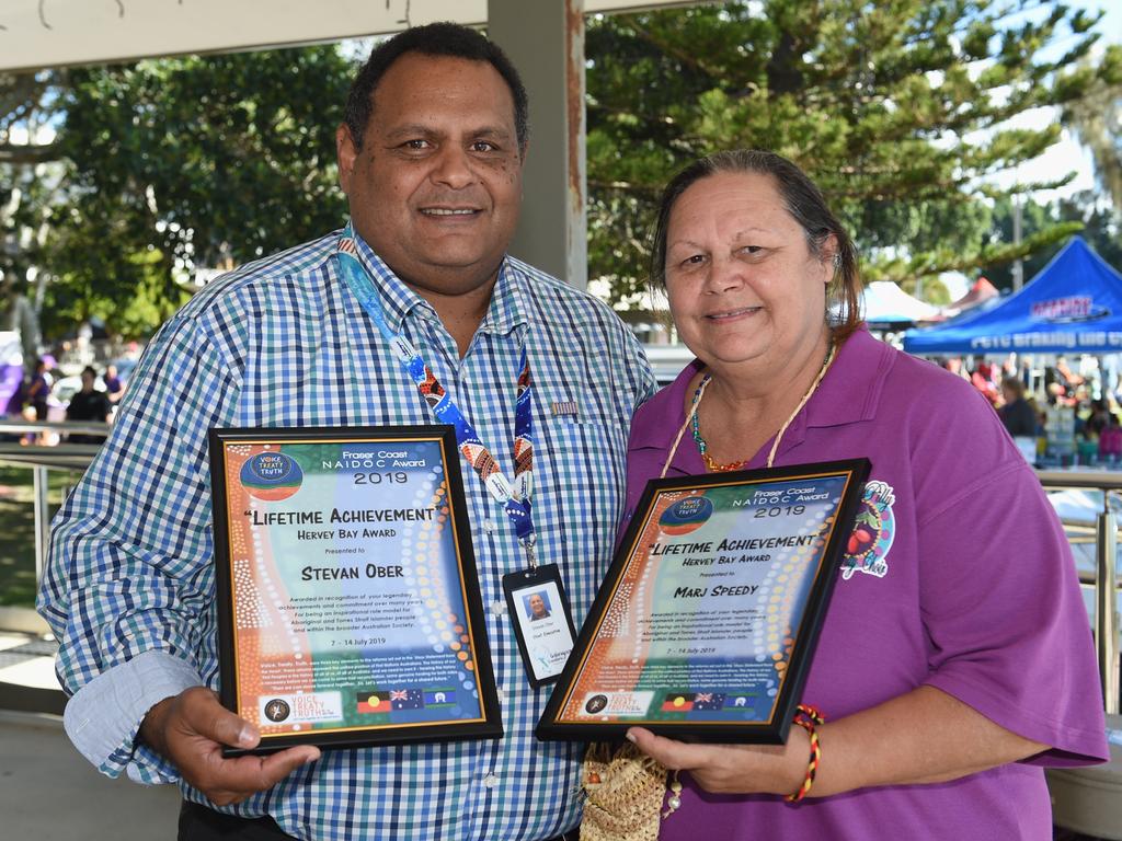 Stevan Ober (left) was awarded a Hervey Bay Lifetime Achievement Award at the 2019 Naidoc Week – Fraser Coast Naidoc Awards alongside Marj Speedy (right).