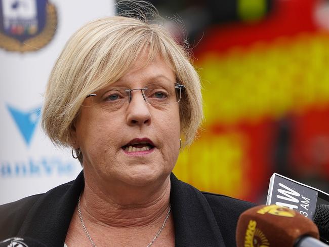 Minister for Police and Emergency Services Lisa Neville speaks at a media event in Melbourne Wednesday, May 8, 2019. It was announcement that the round 16 AFL match between Hawthorn and Collingwood will be in aid of raising funds for mental health for Emergency Services workers. (AAP Image/Stefan Postles) NO ARCHIVING