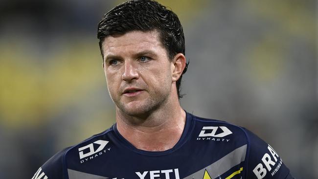 TOWNSVILLE, AUSTRALIA - JUNE 08: Chad Townsend of the Cowboys looks on during the round 14 NRL match between North Queensland Cowboys and New Zealand Warriors at Qld Country Bank Stadium, on June 08, 2024, in Townsville, Australia. (Photo by Ian Hitchcock/Getty Images)