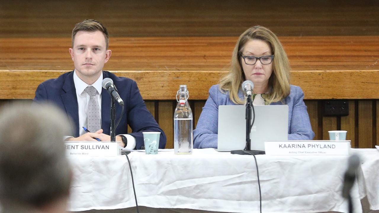 Geelong Mayor Trent Sullivan and former acting chief executive Kaarina Phyland at a council meeting last year. Picture: Mark Wilson.