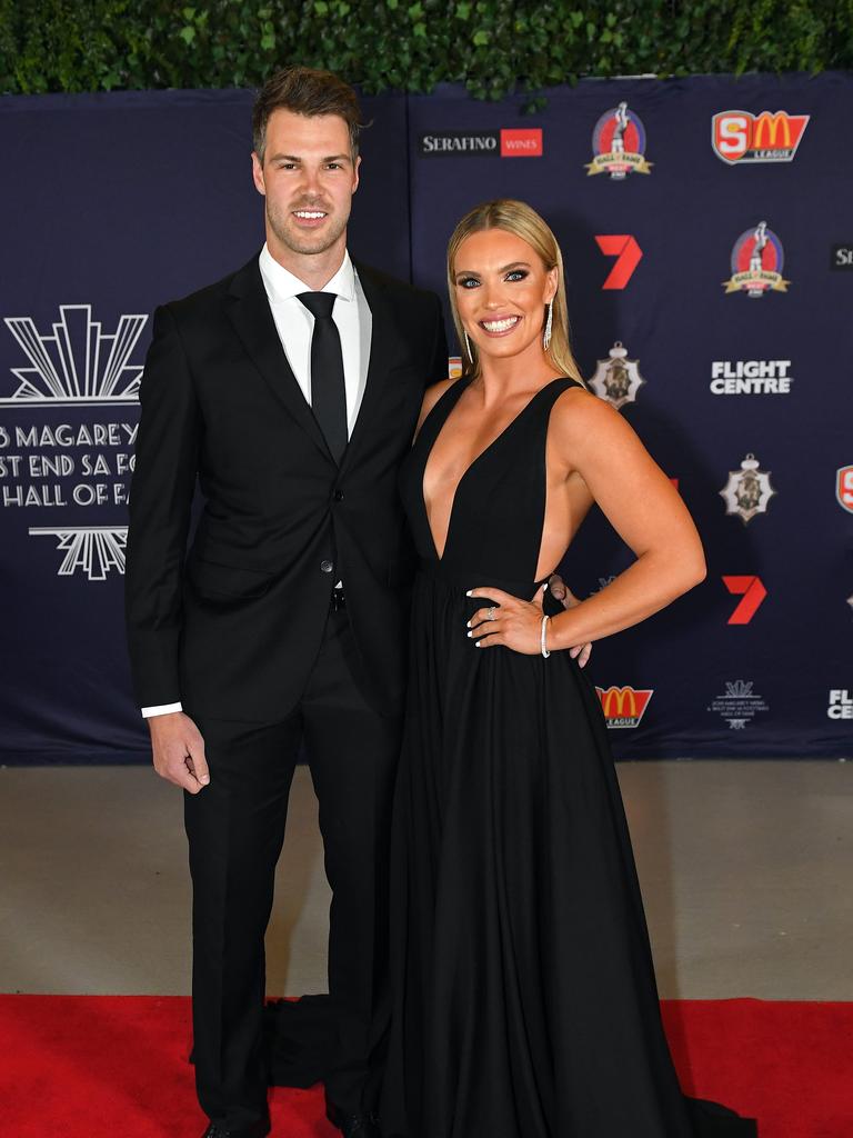 Keegan Brooksby and Abbey Holmes on the red carpet ahead of the Magarey Medal presentation at Adelaide Oval.