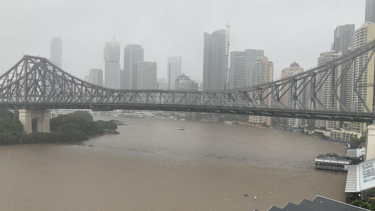 The Story Bridge as the river rises on Sunday. Picture: John Gass