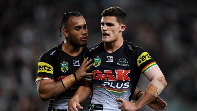 Christian Chrichton (left) and Nathan Cleary of the Panthers react during the First Semi Final between the Cronulla-Sutherland Sharks and the Penrith Panthers in Week 2 of the NRL Finals Series at Allianz Stadium in Sydney, Friday, September 14, 2018. (AAP Image/Dan Himbrechts) NO ARCHIVING, EDITORIAL USE ONLY