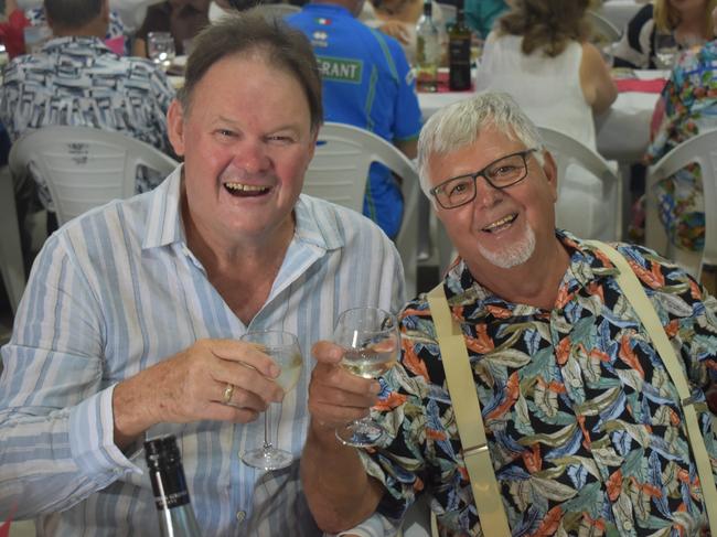 Sam Costanzo and David Aiken from Stanthorpe raise a glass at the Italian long lunch, February 25, 2024.