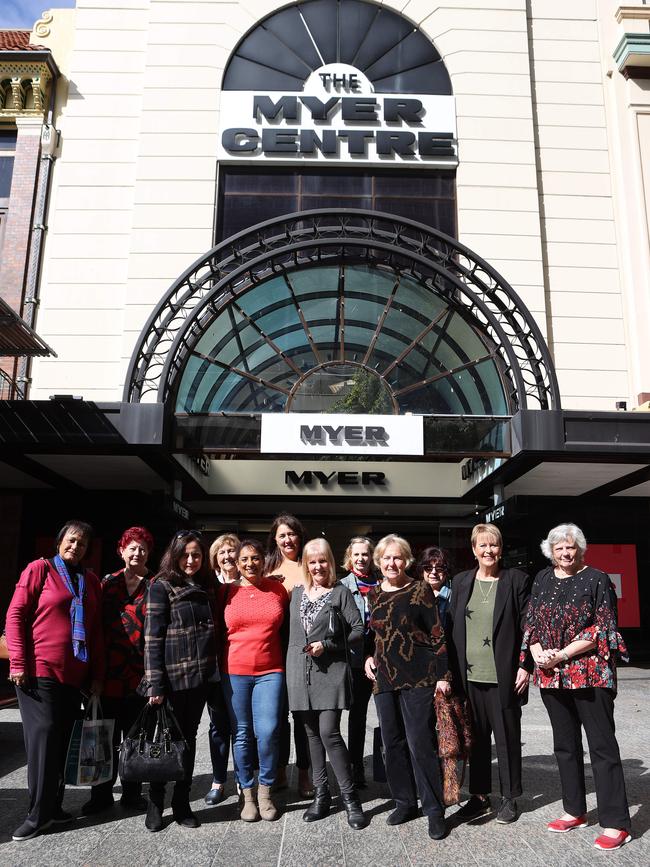 Former Myer workers gather outside Myer Centre, which is closing at the end of the month. Picture: Liam Kidston