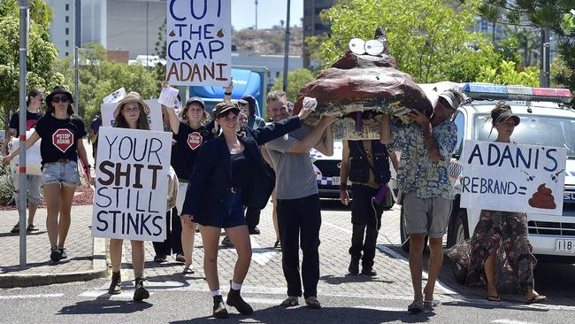 Over 20 environmental activists, from as far as the Gold Coast, Brisbane and Bundaberg, gathered at Adani’s headquarters in Townsville to "call out" Adani’s rebranding as ‘Bravus Mining’. PICTURE: MATT TAYLOR.