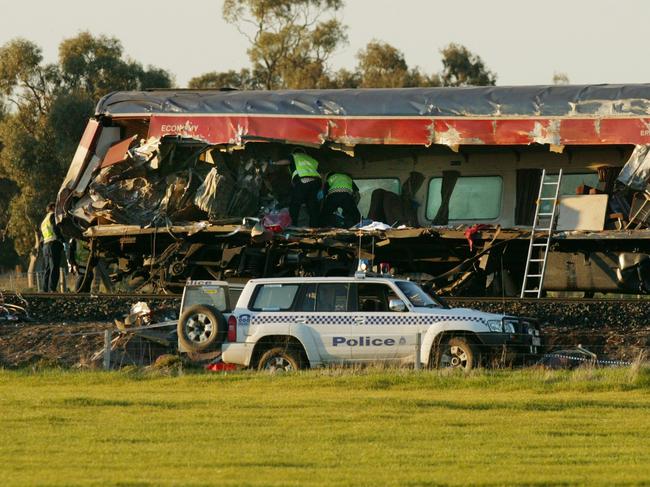 The wreckage of the derailed third carriage of the V/Line passenger train hit by a truck on June 5, 2007.