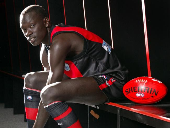 11/11/2004 SPORT: Goaner Tutlan from Ethiopa may have a chance to lace up the boots for Essendon as the club is looking closely at drafting him. Tutlan shows amazing athletic ability that has impressed all at Bomberland with his speed and spring.