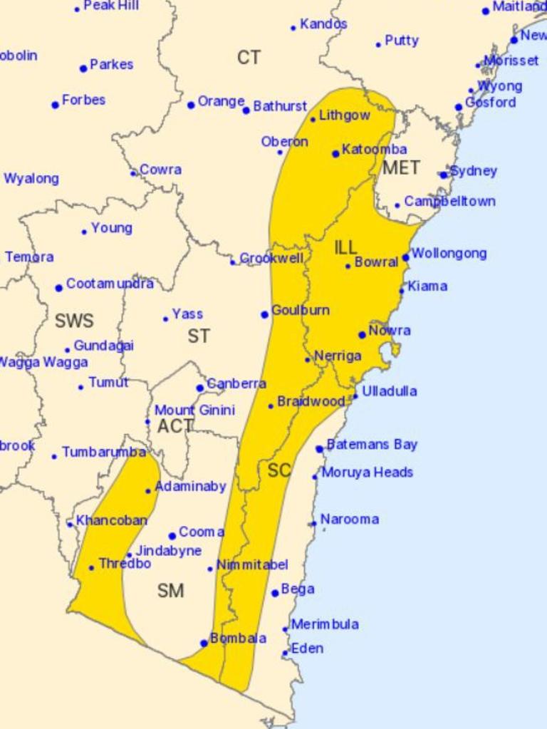 A swath of NSW also has severe weather warning in place. Picture: BOM.