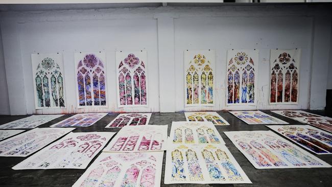 Sketches by French artist Claire Tabouret who has been selected to create new stained glass windows in six chapels of the south aisle of Notre Dame by 2026. Picture: AFP