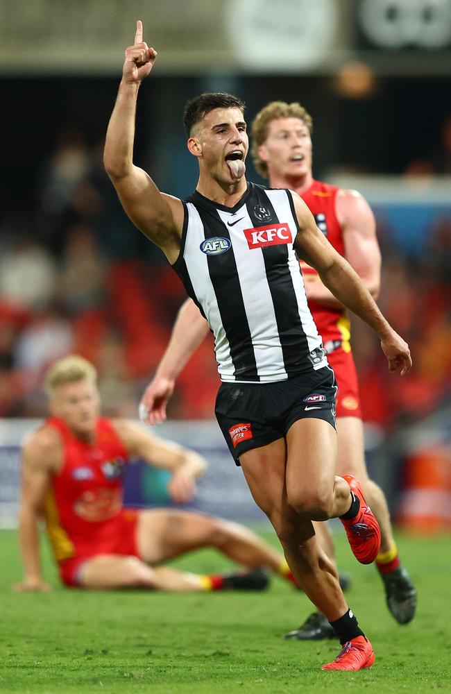 Nick Daicos after kicking a miraculous goal against Gold Coast. Picture: Chris Hyde/Getty Images.