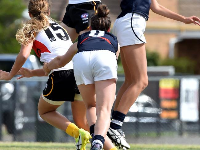 TAC Cup Girls: Geelong Falcons v Dandenong Stingrays. Falcons'  Zoe Inei and Stingrays' Chloe Anderson go up in the ruck.Picture Jay Town.