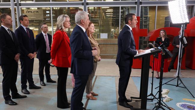 Treasurer Jim Chalmers stands alongside Skills and Training Minister Brendan O’Connor, Education Minister Jason Clare, Social Services Minister Amanda Rishworth and Immigration Minister Andrew Giles at a press conference.